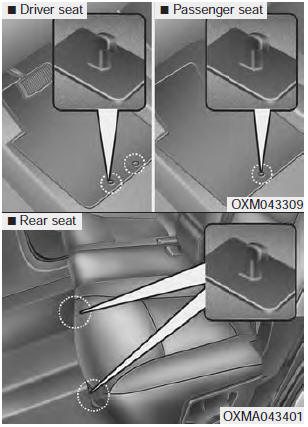 When using a floor mat on the front floor carpet, make sure it attaches to the