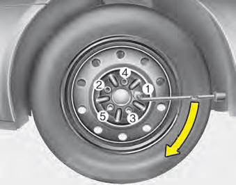 Then position the wrench as shown in the drawing and tighten the wheel nuts.
